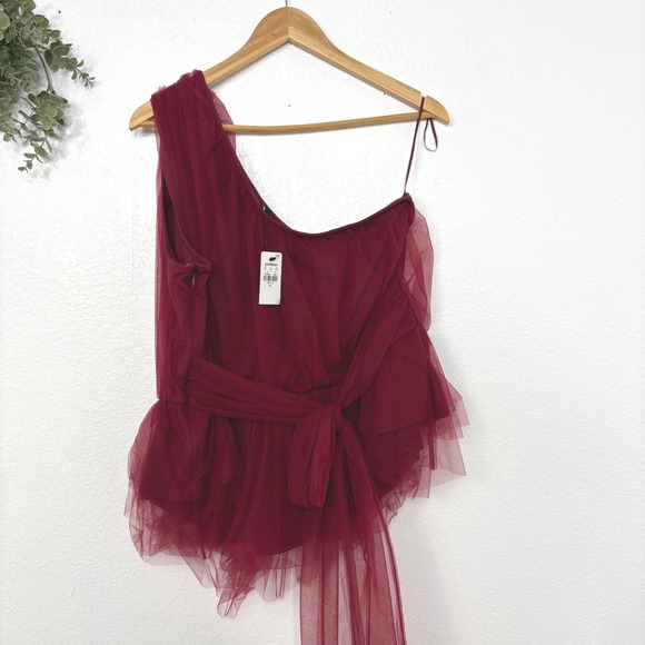 Express Tulle One Shoulder Peplum Top Burgundy Ruffle Tie Size XL - Picture 2 of 6